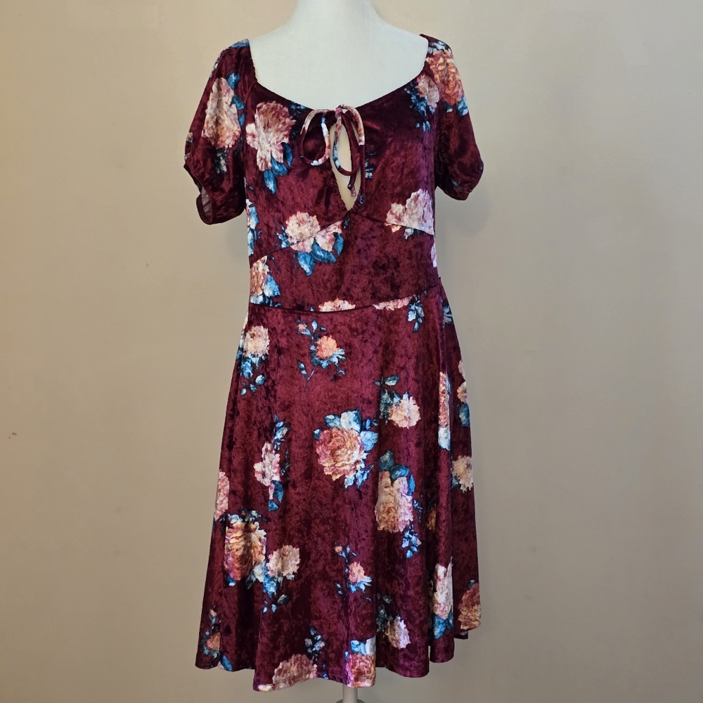 Blue Leopard Women's 1X Red Floral Velvet Midi Dress